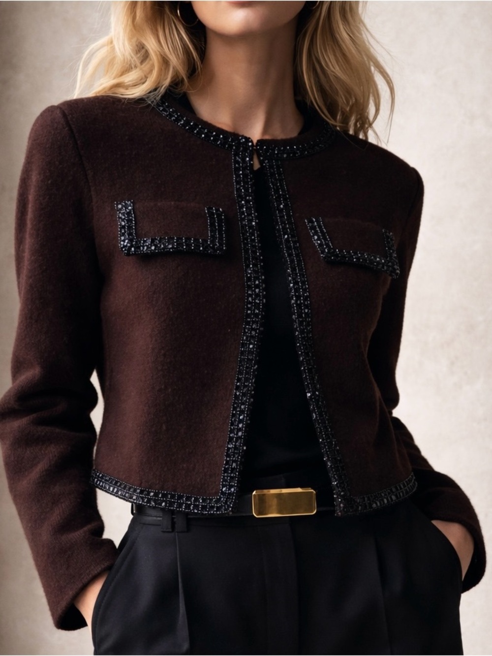 ZARA Beaded Wool Cardigan Jacket Brown Burgandy Embellished Trim Size Medium